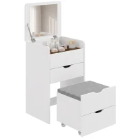 HOMCOM Toeletta 3 in 1 con Specchio Ribaltabile e Sgabello, con Cassetti, Bianco(m-11)