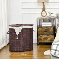 HOMCOM 100L Bamboo Laundry Basket with Lid, Washing Basket with 2 Compartments, Handles, Removable Liner, Brown(m-3)