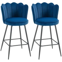 HOMCOM Set of Two Velvet-Feel Lotus Bar Stools - Dark Blue(m-1)