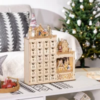 HOMCOM Calendario Avvento di Natale Rettangolare con Motivi a Tema e 12 Luci a LED, 22x9x30 cm, in Compensato, Arancione(m-9)