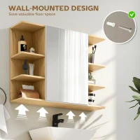 HOMCOM Bathroom Mirror Cabinet with Open Storage Shelves - Natural Wood Finish(m-6)