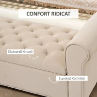 HOMCOM Bancă Dormitor cu Compartiment de Depozitare și Cotiere Rulate, 126x48.5x57 cm, Bej(m-5)