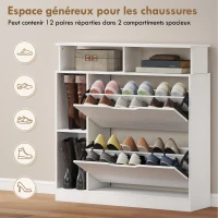 HOMCOM Meuble à chaussures, armoire à chaussures, 2 tiroirs rabattables, compartiments ouverts et étagère réglable, blanc(m-5)