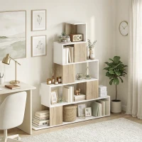 HOMCOM Étagère de rangement, bibliothèque géométrique à 5 niveaux, pour bureau, salon, chambre, blanc et bois naturel(m-10)
