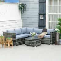 Outsunny 4 Pieces Rattan Garden Furniture Sets, Wicker Patio Conservatory Dining Set with Corner Sofa, Loveseat, Coffee Table, and Cushions for Balcony, Backyard, Pool, Grey(m-12)