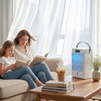 HOMCOM Portable Air Conditioner, 4-in-1 Mini Air Cooler with 4 Wind Speed, 2 Cool Mist, RGB 7 LED Light, White(m-2)
