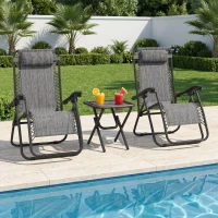 Outsunny 3pcs Folding Zero Gravity Chairs Sun Lounger Table Set w/ Cup Holders Reclining Garden Yard Pool, Light Grey(m-23)