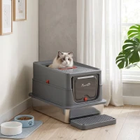 PawHut Stainless Steel Cat Litter Tray with Lid, XL 90L Enclosed Cat Litter Box with Step, Scoop, High Side, Dark Grey(m-9)