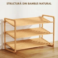 HOMCOM Etajeră pentru pantofi din bambus, cu 3 niveluri, pentru 12 perechi de pantofi, rafturi din bambus cu lamele, 76x33x50,8 cm, culoare lemn natural(m-4)