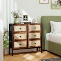 HOMCOM Cómoda para Dormitório Cómoda de Tecido com 6 Gavetas Dobráveis com Frentes de Vime 88x30x83 cm Marrom Rústico(m-10)