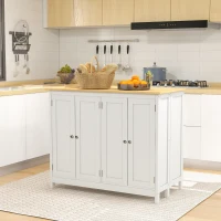 HOMCOM Desserte îlot de cuisine avec 2 tabourets plan de travail rabattable 2 placards avec 4 portes design moderne blanc(m-2)