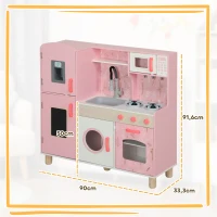 AIYAPLAY Cuisine Enfant avec Glaçons, Micro-ondes, Four, Plaque, Évier, Machine à Laver, Tableau, 90x 33,3x91,6cm, Rose(m-3)