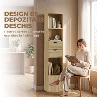 HOMCOM Bibliotecă Îngustă cu 6 Rafturi, Sertare, Ușă și Polițe Deschise, 30x24x158 cm, Stejar(m-6)