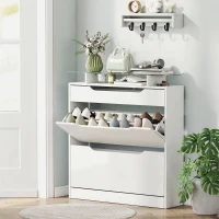 HOMCOM Shoe Storage Cabinet with Slide Out Drawer, 2 Flip Doors, Tempered Glass Top - White(m-2)