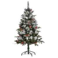 HOMCOM 4FT Artificial Snow Dipped Christmas Tree Xmas Pencil Tree Holiday Home Party Decoration with Foldable Feet Red Berries White Pinecones, Green(m-10)