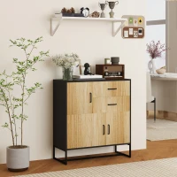HOMCOM Credenza Moderna con 3 Armadietti e 2 Cassetti, in Truciolato e Acciaio, 80x35x88 cm, Nero e color Legno(m-10)