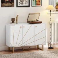 HOMCOM Meuble de rangement buffet salon avec 2 placards 3 portes et étagère réglable, pieds en métal, aspect marbre blanc(m-10)