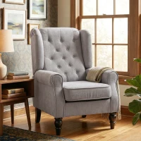 HOMCOM Retro Accent Chair, Wingback Armchair with Wood Frame Button Tufted Design for Living Room Bedroom, Grey(m-10)