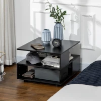 HOMCOM Tavolino da Caffè Asimmetrico in Legno con Ripiani e Piedini Regolabili, 60x60x45cm, Nero(m-10)
