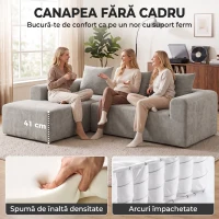 HOMCOM Canapea de Colț cu 3 Locuri, Fără Cadru, pentru Living, Gri Deschis(m-5)