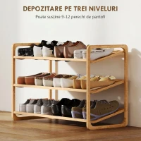HOMCOM Etajeră pentru pantofi din bambus, cu 3 niveluri, pentru 12 perechi de pantofi, rafturi din bambus cu lamele, 76x33x50,8 cm, culoare lemn natural(m-5)