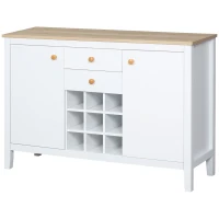 HOMCOM Aparador de Cozinha com 2 Gavetas 2 Armários com Prateleiras Ajustáveis e Suporte para 9 Garrafas 110x35x75 cm Branco e Madeira(m-11)