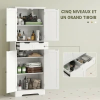 HOMCOM Meuble de salle de bain, meuble de rangement avec tiroir et 4 portes, style moderne, 60 x 30 x 160 cm, blanc(m-4)