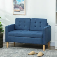 HOMCOM Zweisitzer-Sofa mit Stauraum, Knopfheftung, Kissen, Kautschukbaumholz, 117x62x78cm, Blau(m-10)