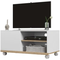 HOMCOM Mobile TV 42" Max con 2 Ripiani Aperti e Anta e Ruote, in Truciolato, 80x45x39.5 cm, Bianco(m-11)