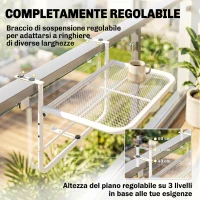 Outsunny Tavolo da Ringhiera con Ganci ad Altezza Regolabile su 3 Livelli, in Metallo, 60x56x50 cm, Bianco(m-4)