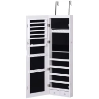 HOMCOM Oglindă portbijuterii cu 6 lumini LED și spații pentru depozitare din lemn și sticlă, 37x120x10 cm, culoare albă(m-1)