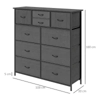 HOMCOM Bedroom Chest of Drawers, 10 Drawer Dresser with Foldable Fabric Drawers and Steel Frame, Black(m-3)