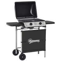 Outsunny 2 Burner Gas BBQ Trolley with Lid, 5.6 kW Gas Barbecue Grill with Wheels, Side Shelves for Home Patio Garden Party Outdoor Cooking, Black