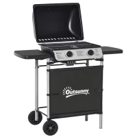 Outsunny 2 Burner Gas BBQ Trolley with Lid, 5.6 kW Gas Barbecue Grill with Wheels, Side Shelves for Home Patio Garden Party Outdoor Cooking, Black(m-1)
