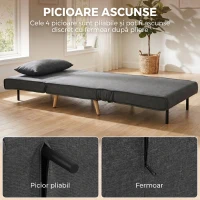 HOMCOM Fotoliu Extensibil 3 în 1 cu Spătar Reglabil pe 3 Niveluri și Pernă, Material Textil cu Aspect de In, Gri(m-7)