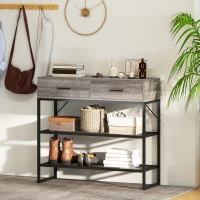HOMCOM Consolă de Intrare cu 2 Sertare, 2 Rafturi din Plasă și Cârlig Lateral, Consolă în Lemn și Metal, Măsuță de Intrare pentru Dormitor, 100x35x92 cm, Gri Deschis(m-2)