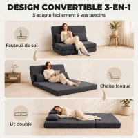 HOMCOM Canapé-Lit Pliant, Chauffeuse 2 Places Convertible Velours Côtelé, Dossier Réglable, Assise Large, 2 Oreillers, Gris(m-4)