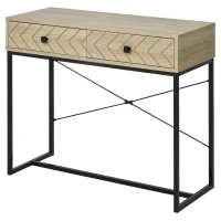 HOMCOM Table Console table d'entrée Industriel 2 tiroirs Bois Naturel Pieds métal dim. 90 x 35 x 76 cm(m-12)