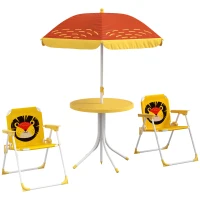 Outsunny Kids Picnic Table and Chair Set, Lion Themed Outdoor Garden Furniture w/ Foldable Chairs, Adjustable Parasol - Yellow(m-1)