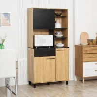 HOMCOM Armoire de cuisine multi-rangements avec tiroir 3 placards 4 niches et passe-câbles hauteur 180 cm noir et bois naturel(m-2)