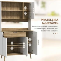 HOMCOM Armário de Cozinha Alto com 4 Portas, Prateleiras Ajustáveis, Gaveta e Compartimentos Abertos, 98x39x180 cm, Branco e Natural(m-6)