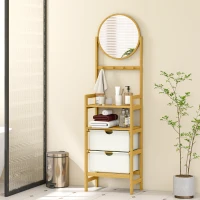 HOMCOM Estante de Casa de Banho em Bambu com Espelho Estante de Arrumação com 2 Gavetas de Tecido 48,5x30x170 cm Madeira(m-10)