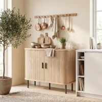 HOMCOM Buffet salon, meuble de rangement avec 2 portes coulissantes en tambour à lattes et 4 compartiments, chêne(m-2)