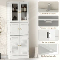 HOMCOM Mobile Bagno con 3 Armadietti a 2 Ante in Vetro e Legno, Ripiani Regolabili, 60x30x170 cm, Bianco(m-7)