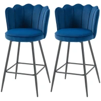 HOMCOM Set of Two Velvet-Feel Lotus Bar Stools - Dark Blue(m-11)