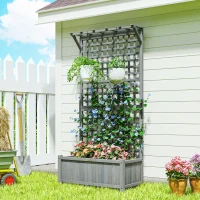 Outsunny Raised Bed with Drainage Holes, Wood Planter with Trellis for Climbing Plants to Grow Vegetables, Flowers, Dark Grey(m-13)