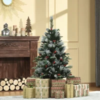 HOMCOM Árvore de Natal Artificial 120cm com 239 Ramas 27 Pinhas e 27 Frutinhas Folhas de PVC PE Base Dobrável e Suporte Metálico Decoração de Natal para Interiores Verde(m-10)