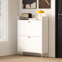 HOMCOM Mobile Scarpiera Slim con 2 Cassetti a Ribalta e Ripiani Regolabili, in Legno e Metallo, 80x24x101 cm, Bianco(m-9)