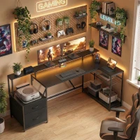 HOMCOM Scrivania Gaming Angolare con Hub di Ricarica, Luci LED e Supporto Monitor, in Legno e Acciaio, 192.5x80x86.5 cm, Nero(m-10)