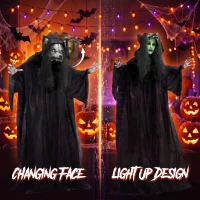 HOMCOM 67"/170cm Life Size Animated Ghost with Werewolf Mask, Halloween Decorations Outdoor Indoor, Scary Halloween Animatronic(m-6)